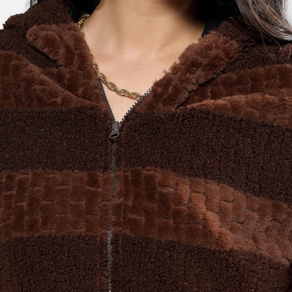 Chocolate Brown Fleece Horizontal Striped Jacket