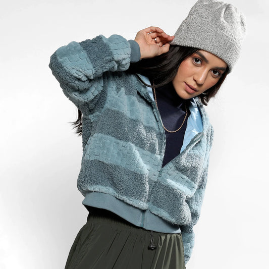 Steel Blue Fleece Horizontal Striped Jacket