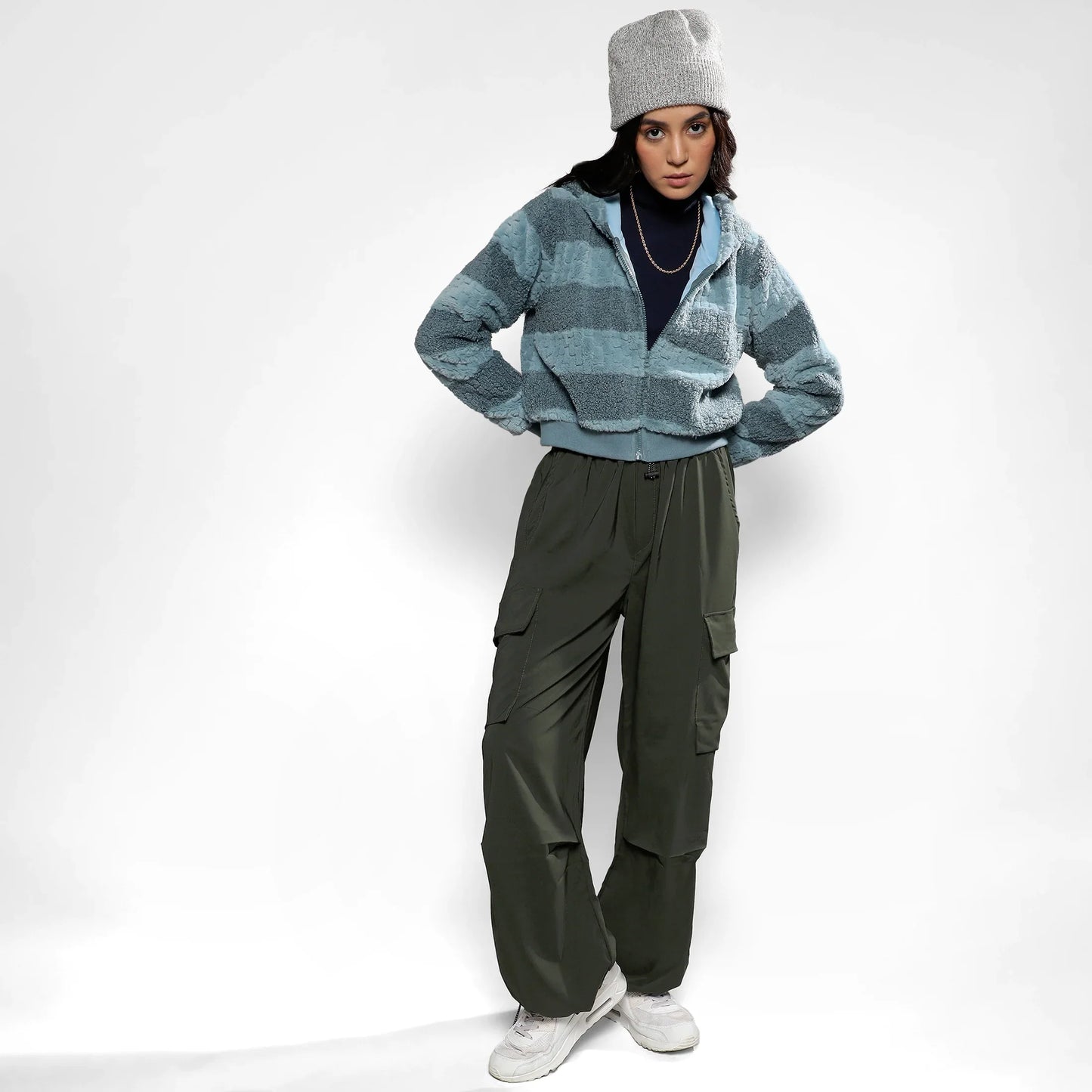 Steel Blue Fleece Horizontal Striped Jacket