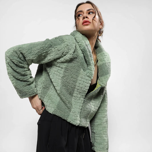 Olive Green Fleece Candy Striped Jacket