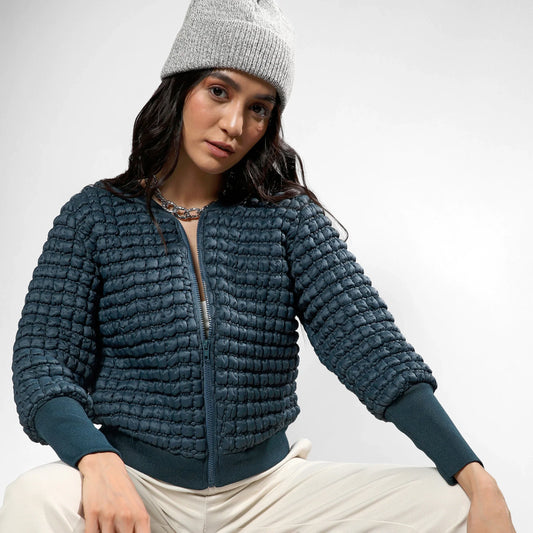 Teal Blue Creased Ripple Quilted Puffer Jacket