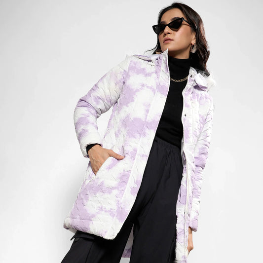 Powder White & Lilac Creased Tie-Dye Puffer Jacket