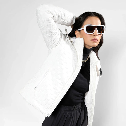 Powder White Buffallo Check Quilted Puffer Jacket