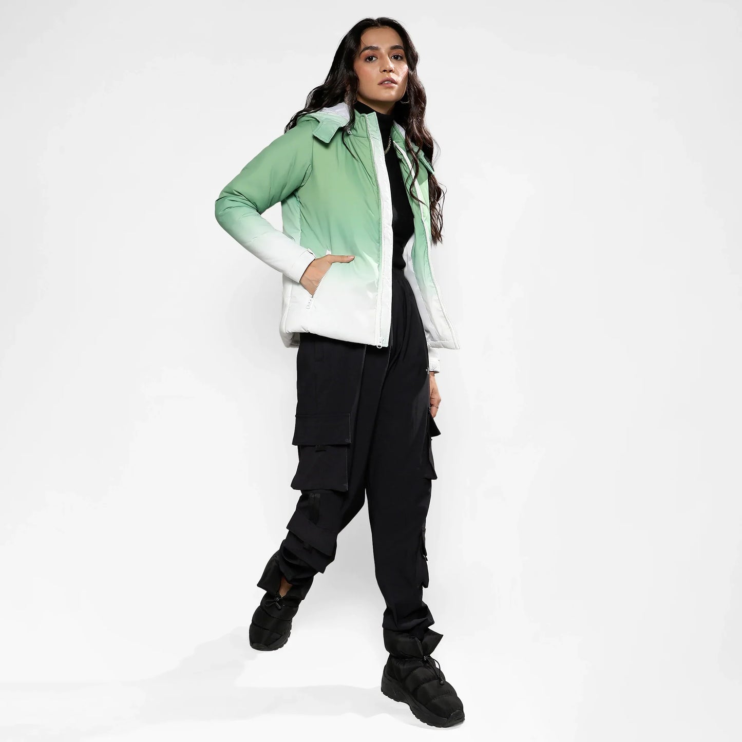 Pistachio Green & Chalk White Ombre Puffer Jacket