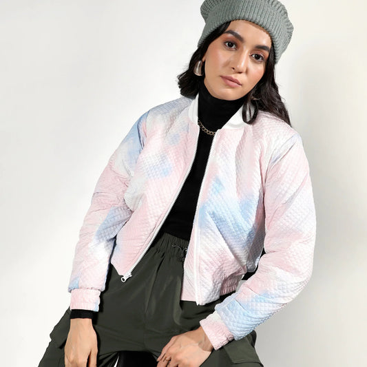 Powder Blue & Blush Pink Tie-Dye Micro Diamond Quilted Puffer Jacket