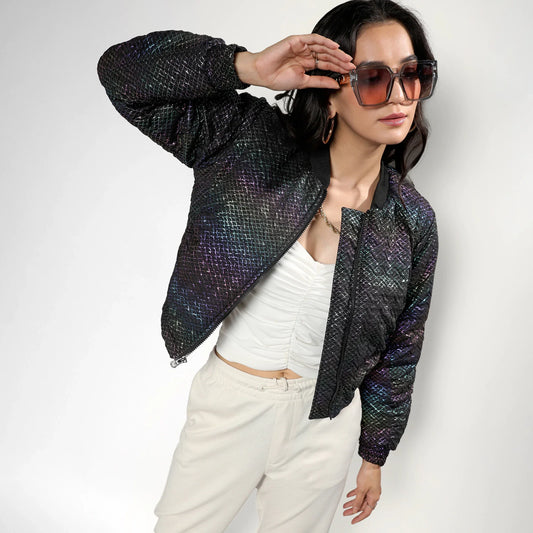 Carbon Black Holographic Print Puffer Jacket