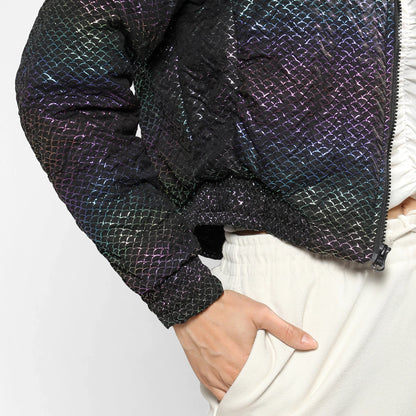 Carbon Black Holographic Print Puffer Jacket