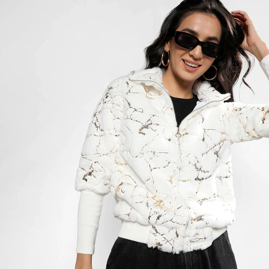 Chalk White Metallic Veined Faux Fur Jacket