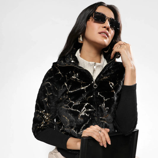 Carbon Black Metallic Veined Faux Fur Jacket