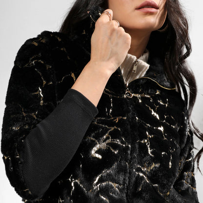 Carbon Black Metallic Veined Faux Fur Jacket