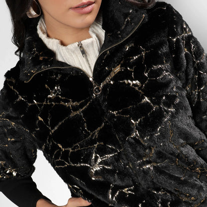 Carbon Black Metallic Veined Faux Fur Jacket