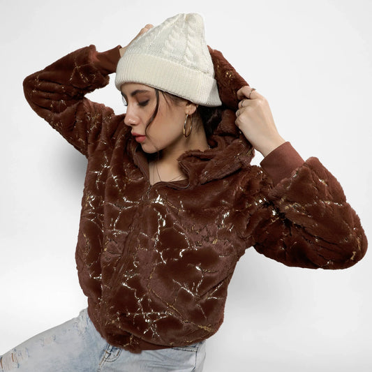 Chocolate Brown Metallic Veined Faux Fur Jacket