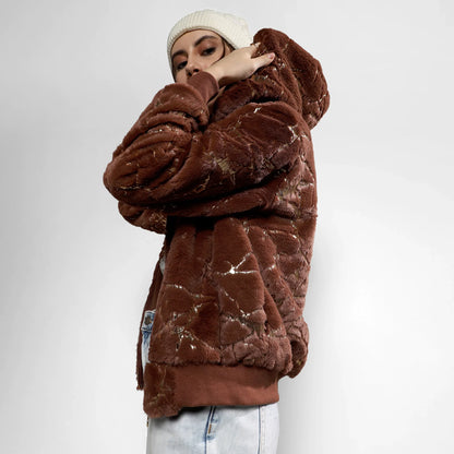 Chocolate Brown Metallic Veined Faux Fur Jacket