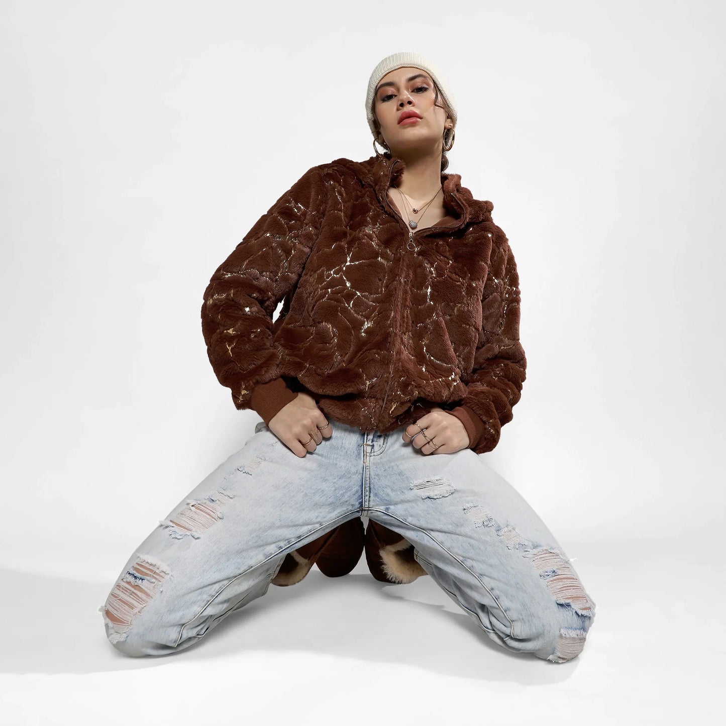 Chocolate Brown Metallic Veined Faux Fur Jacket