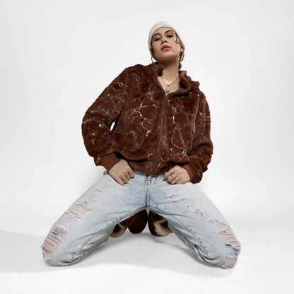 Chocolate Brown Metallic Veined Faux Fur Jacket