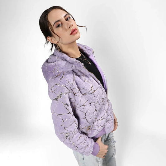 Lilac Metallic Veined Faux Fur Jacket