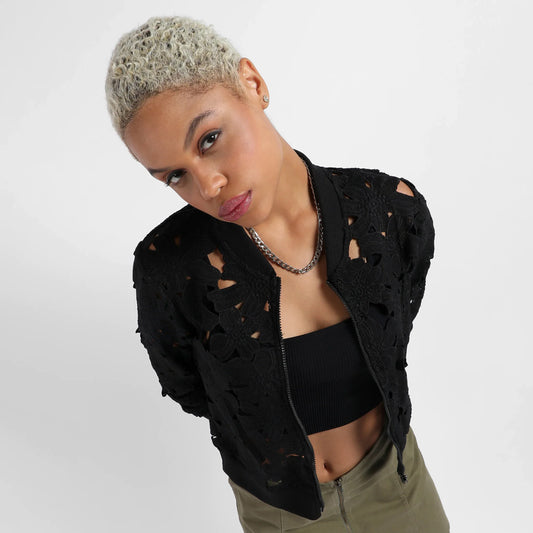 Jet Black Self-Design Botanical Jacket