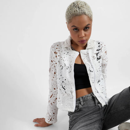 White Self-Design Botanical Jacket