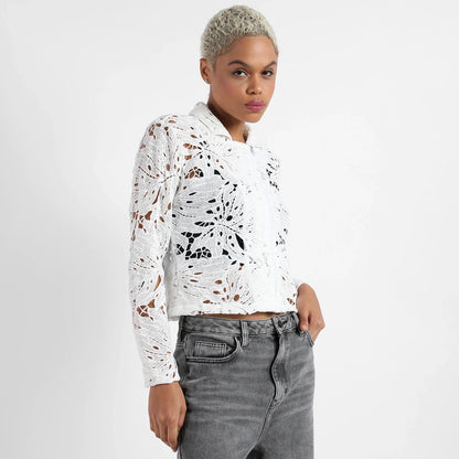 White Self-Design Botanical Jacket