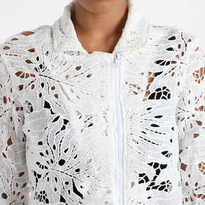 White Self-Design Botanical Jacket