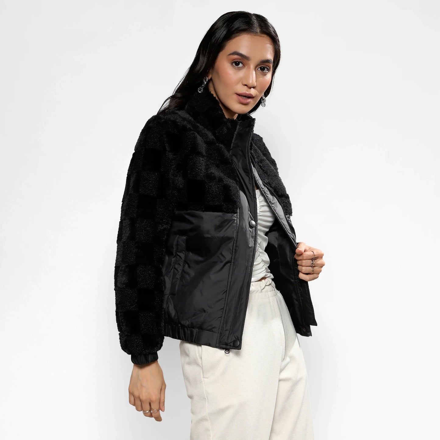 Carbon Black Fleece Self-Design Buffalo Check Jacket