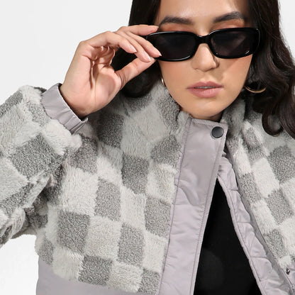 Moon Grey Fleece Self-Design Buffalo Check Jacket