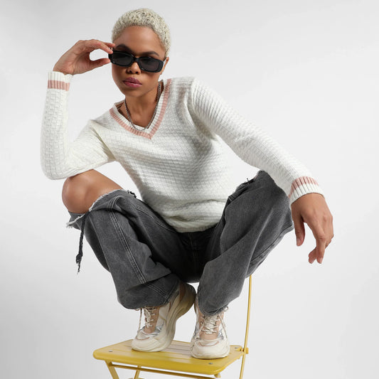 White Contrast Hem Knit Sweater