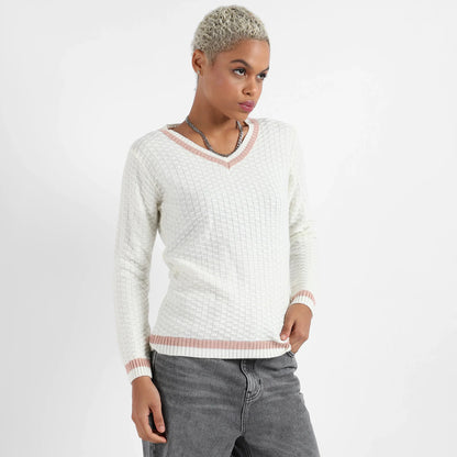 White Contrast Hem Knit Sweater