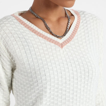 White Contrast Hem Knit Sweater