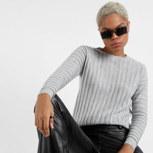 Grey Ribbed Knit Sweater