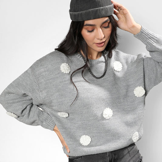 Moon Grey Flower Knit Sweater
