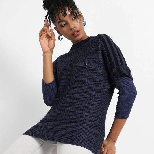 Navy Blue Micro Checkered Sweater With Striped Sleeve