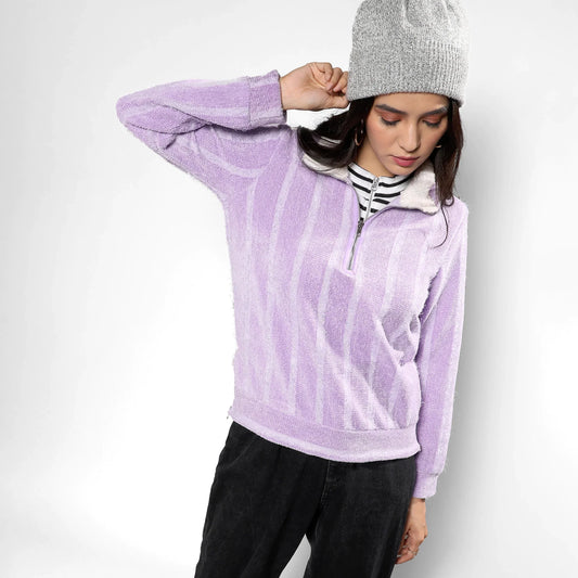 Lilac Textured Self-Design Striped Sweatshirt