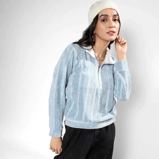 Iceberg Blue Textured Self-Design Striped Sweatshirt