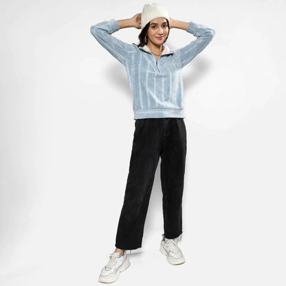 Iceberg Blue Textured Self-Design Striped Sweatshirt