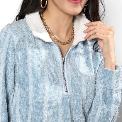 Iceberg Blue Textured Self-Design Striped Sweatshirt