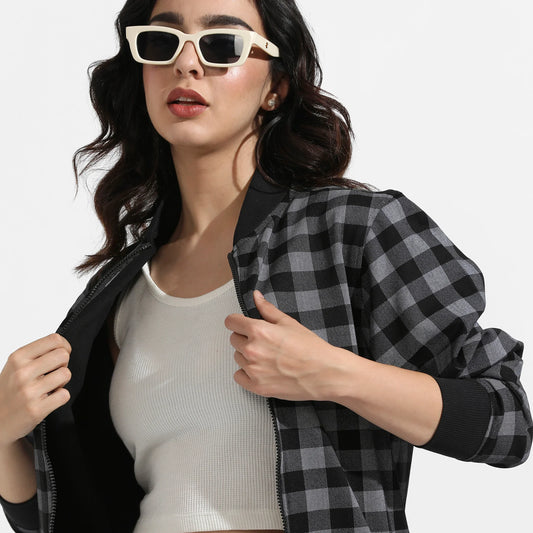 Black Zip-Front Checkered Jacket With Ribbed Hem