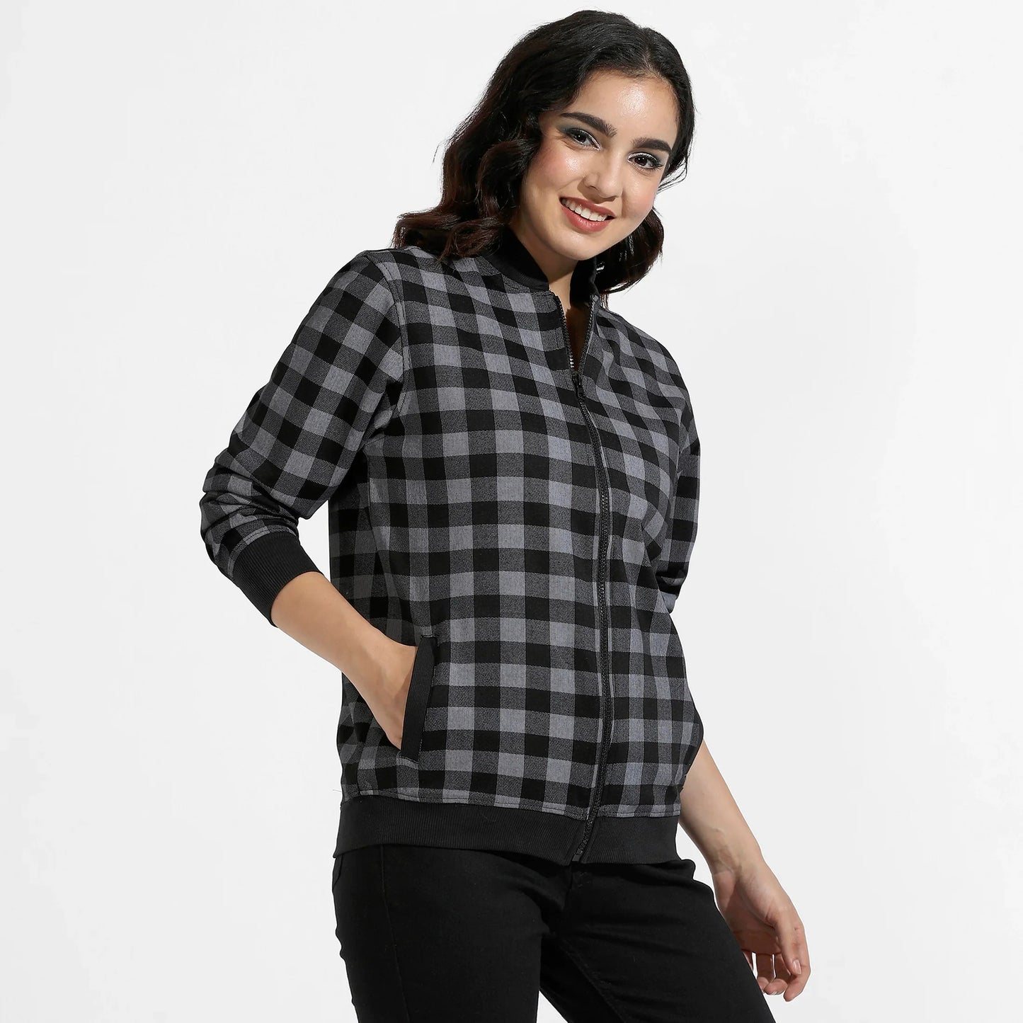 Black Zip-Front Checkered Jacket With Ribbed Hem