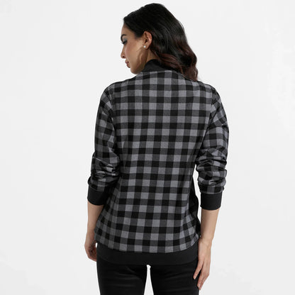 Black Zip-Front Checkered Jacket With Ribbed Hem
