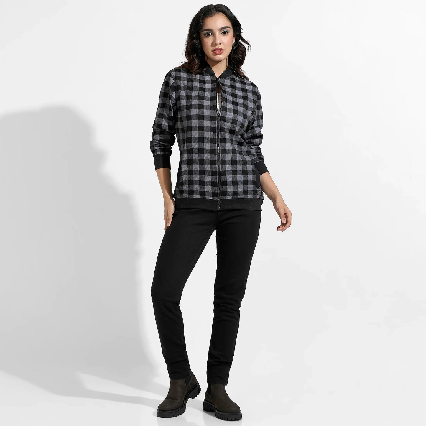 Black Zip-Front Checkered Jacket With Ribbed Hem
