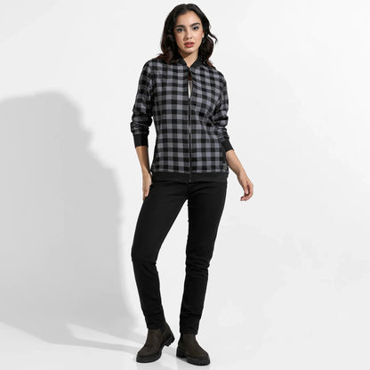 Black Zip-Front Checkered Jacket With Ribbed Hem