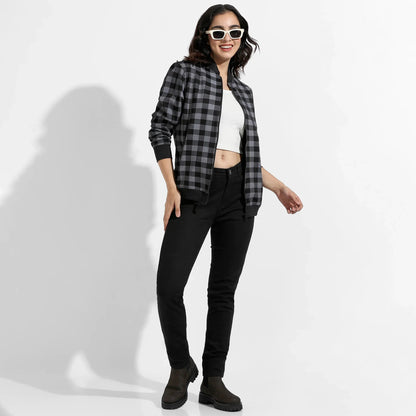 Black Zip-Front Checkered Jacket With Ribbed Hem