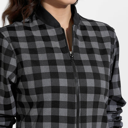 Black Zip-Front Checkered Jacket With Ribbed Hem
