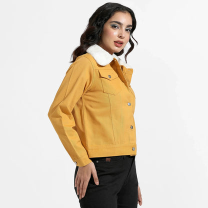 Yellow Front-Button Jacket With Fur Details