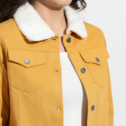 Yellow Front-Button Jacket With Fur Details