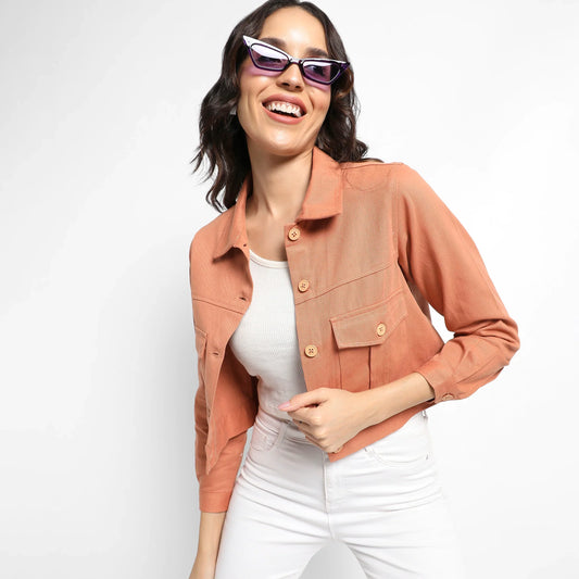 Orange Buttopn-Front Jacket With Flap Pockets