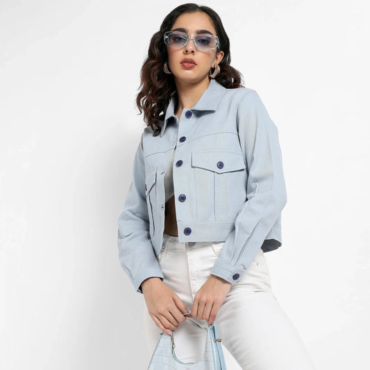 Light Blue Front-Button Jacket With Flap Pockets