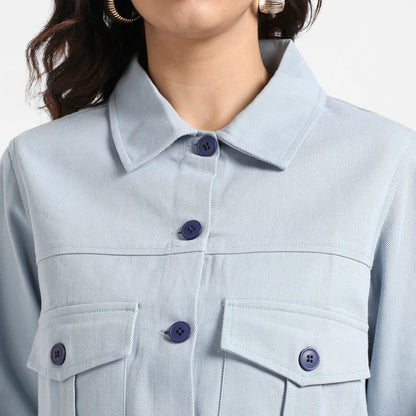 Light Blue Front-Button Jacket With Flap Pockets