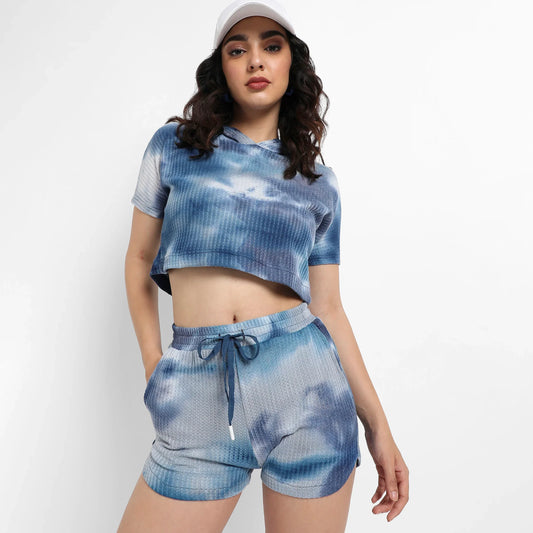 Navy Blue Waffle-Textured Cropped Co-Ord Set