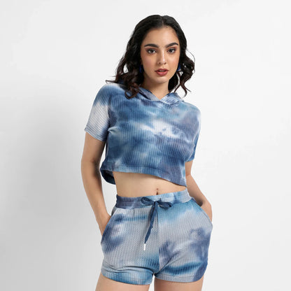 Navy Blue Waffle-Textured Cropped Co-Ord Set